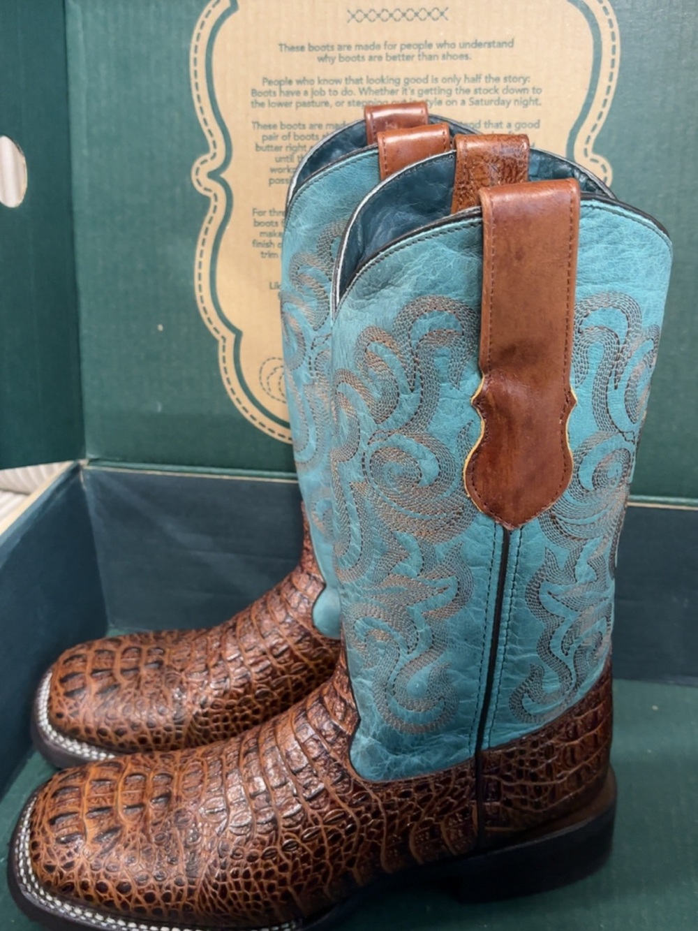 Ferrini Turquoise and Brown Croc-Textured Western Boots